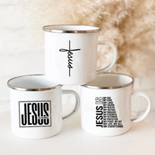 Load image into Gallery viewer, Jesus Is God Print Enamel Mugs Christian Creative Coffee Cups Drink Dessert Breakfast Milk Cup Vintage Mug Handle Drinkware Gift