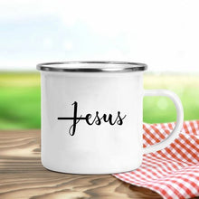 Load image into Gallery viewer, Jesus Is God Print Enamel Mugs Christian Creative Coffee Cups Drink Dessert Breakfast Milk Cup Vintage Mug Handle Drinkware Gift