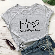 Load image into Gallery viewer, Faith Hope Love Heartbeat T-shirt High Quality Christian Church Tshirt Cute Women Graphic Inspirational Quote Top Tee Shirt