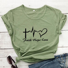 Load image into Gallery viewer, Faith Hope Love Heartbeat T-shirt High Quality Christian Church Tshirt Cute Women Graphic Inspirational Quote Top Tee Shirt