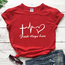 Load image into Gallery viewer, Faith Hope Love Heartbeat T-shirt High Quality Christian Church Tshirt Cute Women Graphic Inspirational Quote Top Tee Shirt