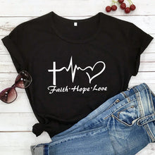 Load image into Gallery viewer, Faith Hope Love Heartbeat T-shirt High Quality Christian Church Tshirt Cute Women Graphic Inspirational Quote Top Tee Shirt