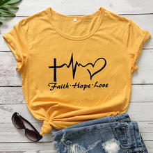 Load image into Gallery viewer, Faith Hope Love Heartbeat T-shirt High Quality Christian Church Tshirt Cute Women Graphic Inspirational Quote Top Tee Shirt