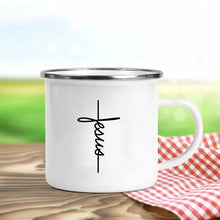 Load image into Gallery viewer, Jesus Is God Print Enamel Mugs Christian Creative Coffee Cups Drink Dessert Breakfast Milk Cup Vintage Mug Handle Drinkware Gift