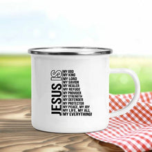 Load image into Gallery viewer, Jesus Is God Print Enamel Mugs Christian Creative Coffee Cups Drink Dessert Breakfast Milk Cup Vintage Mug Handle Drinkware Gift