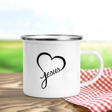 Load image into Gallery viewer, Jesus Is God Print Enamel Mugs Christian Creative Coffee Cups Drink Dessert Breakfast Milk Cup Vintage Mug Handle Drinkware Gift
