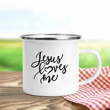 Load image into Gallery viewer, Jesus Is God Print Enamel Mugs Christian Creative Coffee Cups Drink Dessert Breakfast Milk Cup Vintage Mug Handle Drinkware Gift