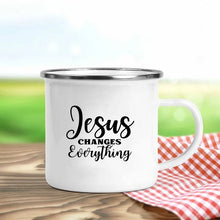 Load image into Gallery viewer, Jesus Is God Print Enamel Mugs Christian Creative Coffee Cups Drink Dessert Breakfast Milk Cup Vintage Mug Handle Drinkware Gift